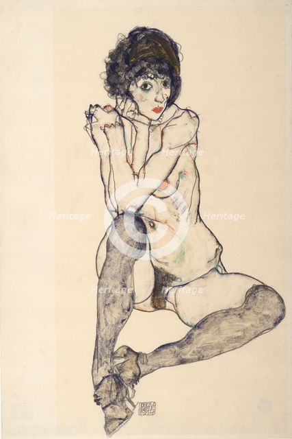 Seated Female Nude, Elbows Resting on Right Knee, 1914. Creator: Schiele, Egon (1890-1918).