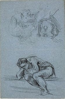 Seated Figure with Head in Hands and Two Caricatures (recto); Four Figures in a Lunet..., 1847/1875. Creator: Jean-Baptiste Carpeaux