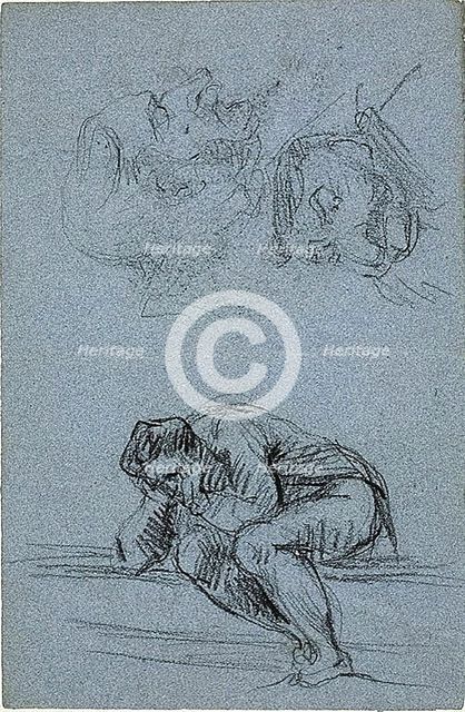 Seated Figure with Head in Hands and Two Caricatures (recto); Four Figures in a Lunet..., 1847/1875. Creator: Jean-Baptiste Carpeaux.