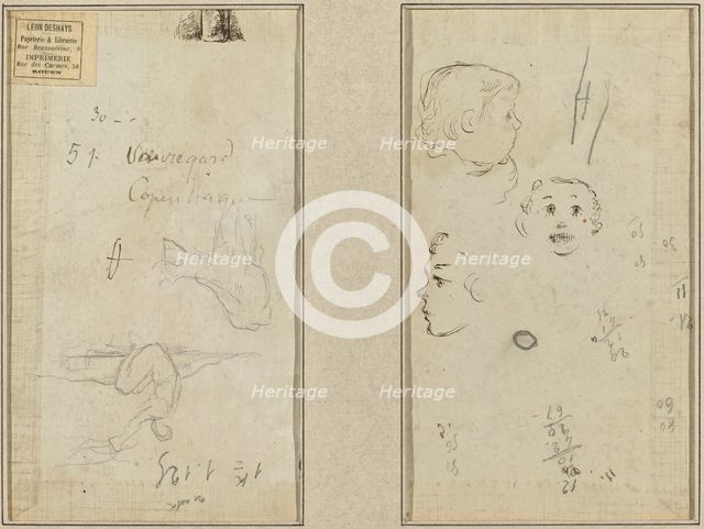 Seated Figure and a Cow; Three Studies of a Child's Head, 1884-1888. Creator: Paul Gauguin.
