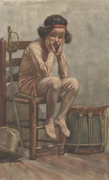 Seated girl in leotard with military props, 1870-1923. Creator: Willem Witsen