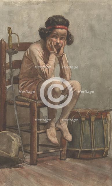Seated girl in leotard with military props, 1870-1923. Creator: Willem Witsen.