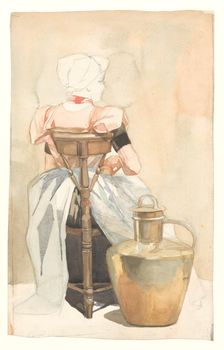 Seated girl in traditional costume, seen from the back, 1868-1940. Creator: Johan Coenraad Braakensiek
