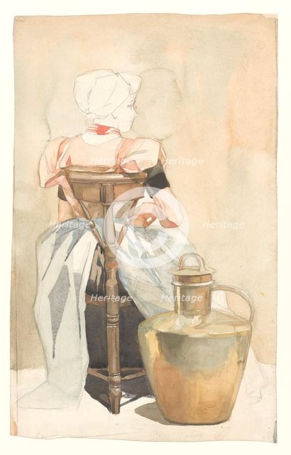 Seated girl in traditional costume, seen from the back, 1868-1940. Creator: Johan Coenraad Braakensiek.
