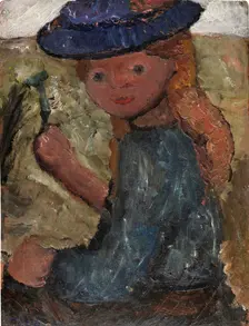Seated girl with blue hat and flower in her right hand, c1903. Creator: Paula Modersohn-Becker