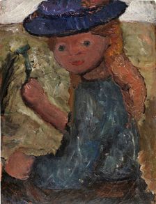 Seated girl with blue hat and flower in her right hand, c1903. Creator: Paula Modersohn-Becker