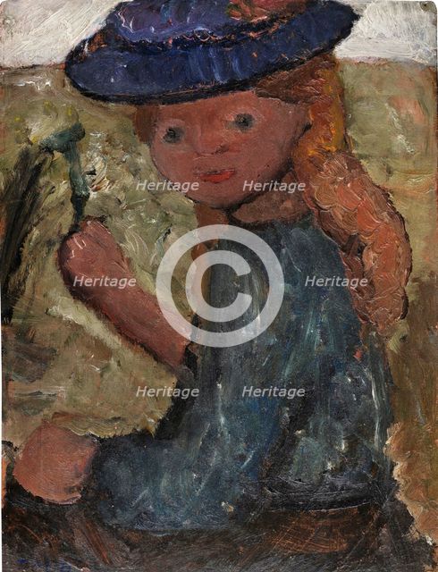 Seated girl with blue hat and flower in her right hand, c1903. Creator: Paula Modersohn-Becker.