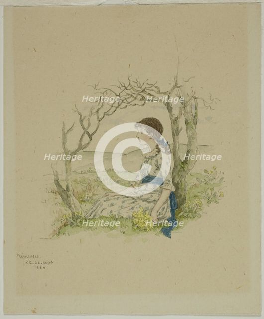 Seated Girl with Primroses, 1886. Creator: Catherine Greenaway.