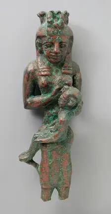 Seated Isis with Uraeus Modius Holding Child on her Lap, Late Period-Ptolemaic Period (711-30 BCE). Creator: Unknown