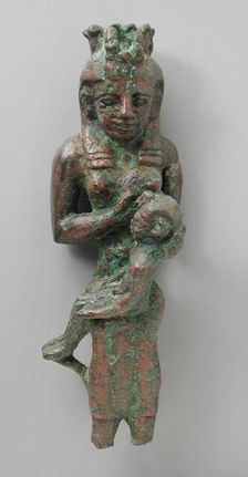 Seated Isis with Uraeus Modius Holding Child on her Lap, Late Period-Ptolemaic Period (711-30 BCE). Creator: Unknown