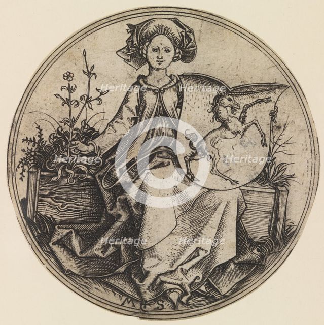 Seated Lady Holding a Shield with an Unicorn, ca. 1435-1491., ca. 1435-1491. Creator: Martin Schongauer.