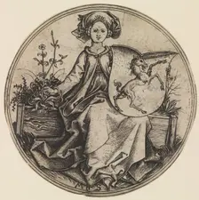 Seated Lady Holding a Shield with an Unicorn, ca. 1435-1491., ca. 1435-1491. Creator: Martin Schongauer