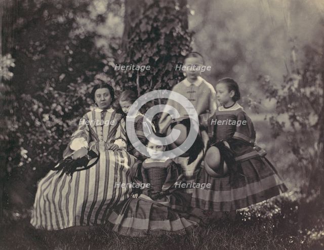 [Seated Lady in Striped Dress with Four Little Girls], 1850s-60s. Creator: Franz Antoine.