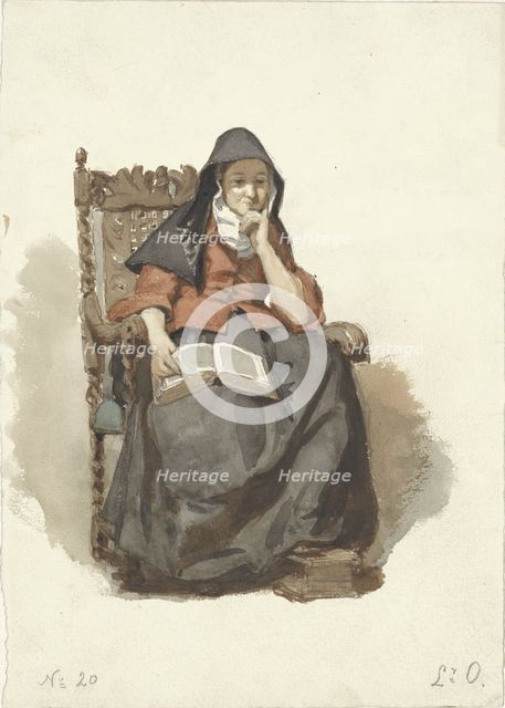 Seated pensive woman with book, 1836-1915. Creator: Johannes Eugel Masurel.
