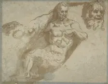 Seated satyr, with enlarged head of same (recto); head of a woman (verso), 1527-96. Creator: Pellegrino Tibaldi