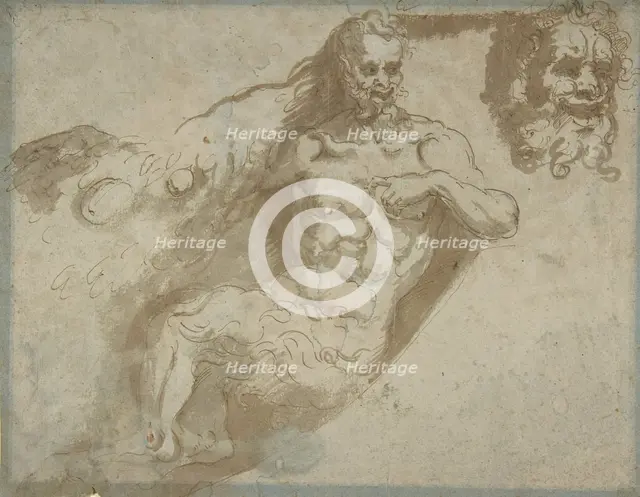 Seated satyr, with enlarged head of same (recto); head of a woman (verso), 1527-96. Creator: Pellegrino Tibaldi.
