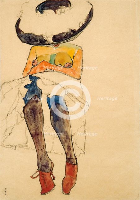 Seated semi-nude with hat and purple stockings, 1910.