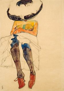 Seated semi-nude with hat and purple stockings, 1910