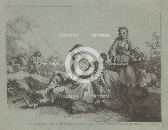 Seated Shepherd and a Peasant Woman with a Basket, 1759/1782. Creator: Francesco Londonio.