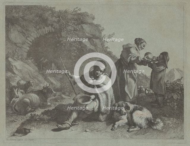 Seated Shepherd Boy and Woman Giving a Drink to a Child, 1759/1782. Creator: Francesco Londonio.