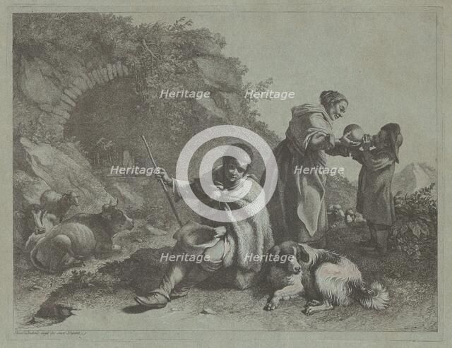 Seated Shepherd Boy and Woman Giving a Drink to a Child, 1759/1782. Creator: Francesco Londonio.