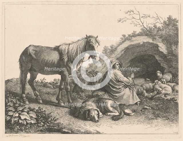 Seated Shepherd with Horse, Dog, Goats and Sheep, after 1776. Creator: Francesco Londonio.