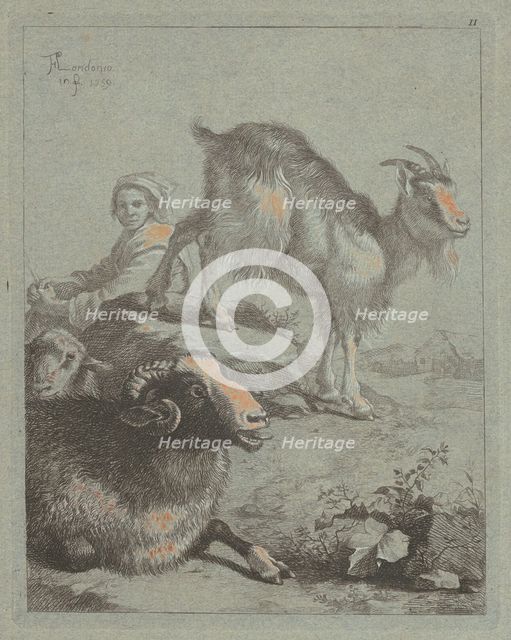 Seated Shepherdess, a Ram, a Sheep and a Goat, 1759. Creator: Francesco Londonio.