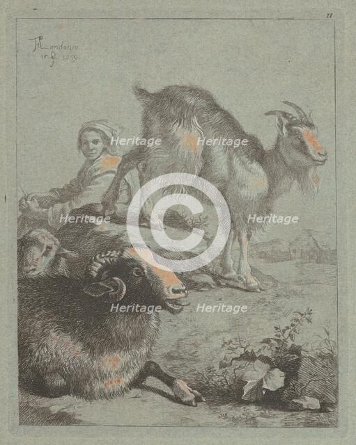 Seated Shepherdess, a Ram, a Sheep and a Goat, 1759. Creator: Francesco Londonio.