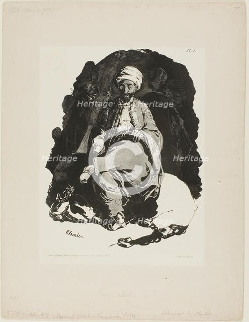 Seated Turk, plate one from Ink Sketches by Charlet, 1828. Creator: Nicolas-Toussaint Charlet.