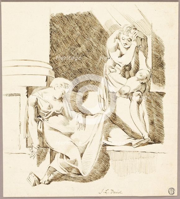 Seated Troubadour Looking at Woman Asleep on Ledge, n.d. Creator: Unknown.