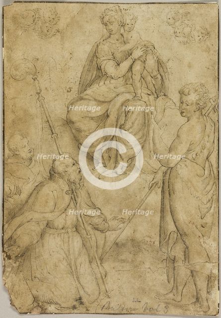 Seated Virgin and Child with Bishop Saint and Monastic Saint, and Saint John the Baptist, n.d. Creator: Unknown.