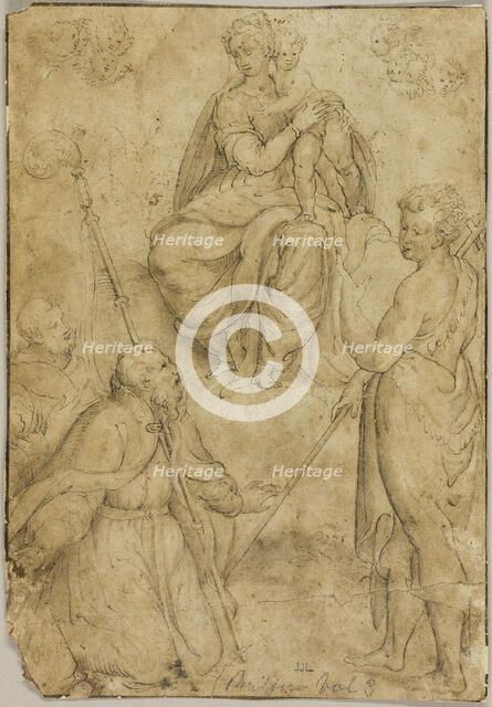 Seated Virgin and Child with Bishop Saint and Monastic Saint, and Saint John the Baptist, n.d. Creator: Unknown.