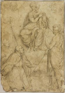 Seated Virgin and Child with Bishop Saint and Monastic Saint, and Saint John the Baptist, n.d. Creator: Unknown