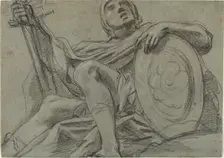 Seated Warrior Holding a Sword and Shield [recto], c. 1612. Creator: Giacomo Cavedone