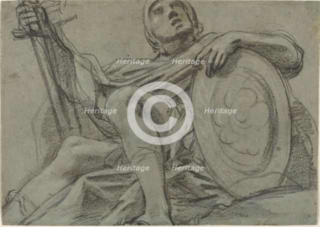 Seated Warrior Holding a Sword and Shield [recto], c. 1612. Creator: Giacomo Cavedone.
