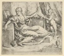Seated woman holding a tablet and compass (allegory of learning), a winged putto ..., ca. 1600-1640. Creator: Guido Reni