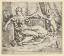 Seated woman holding a tablet and compass (allegory of learning), a winged putto ..., ca. 1600-1640. Creator: Guido Reni