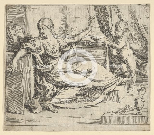 Seated woman holding a tablet and compass (allegory of learning), a winged putto ..., ca. 1600-1640. Creator: Guido Reni.