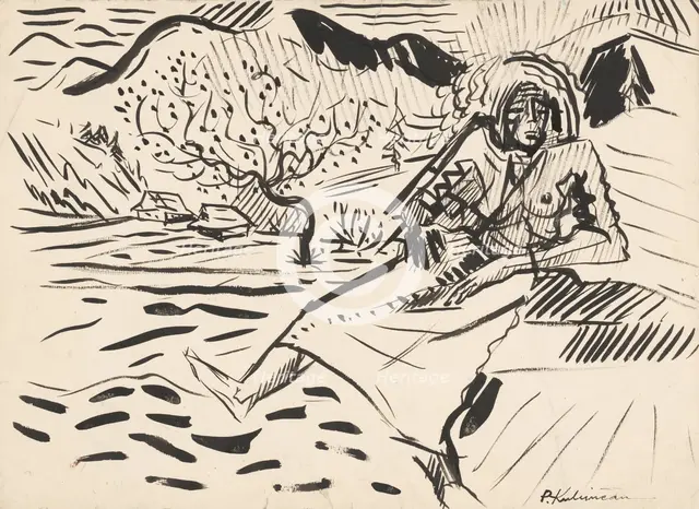 Seated Woman in the Countryside, about 1942. Creator: Arnold Peter Weisz-Kubincan.