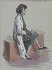 Seated woman in white coat, 1952. Creator: Shirley Markham