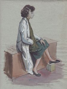 Seated woman in white coat, 1952. Creator: Shirley Markham