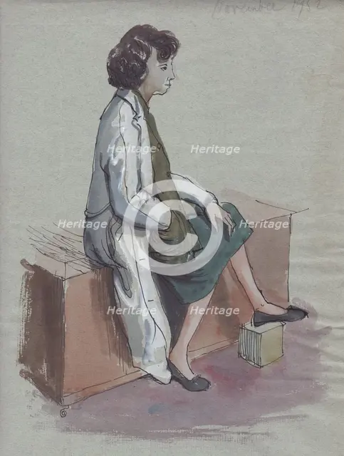 Seated woman in white coat, 1952. Creator: Shirley Markham.