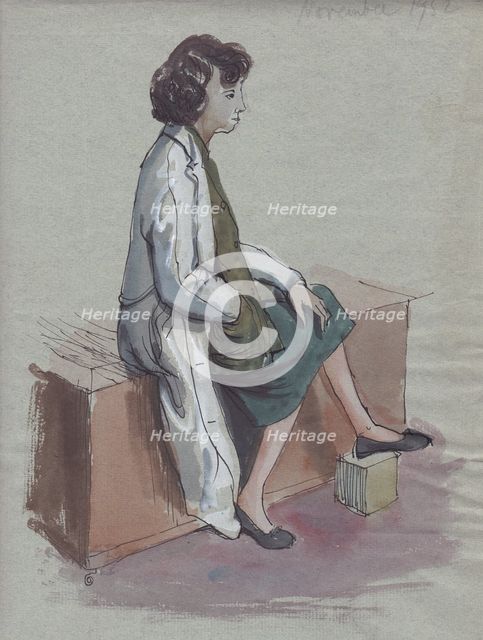Seated woman in white coat, 1952. Creator: Shirley Markham.
