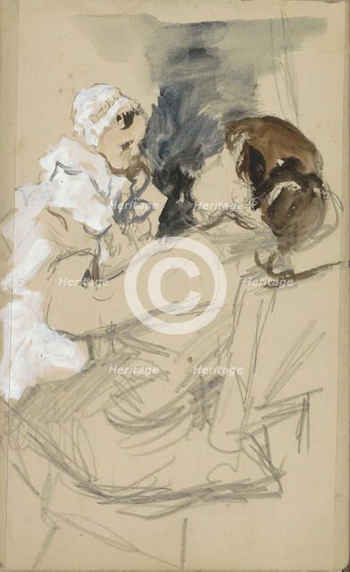 Seated woman lifting a baby, 1834-1911.  Creator: Jozef Israels.