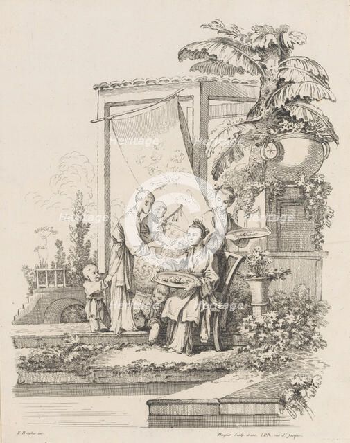 Seated Woman with Children and Servants, ca. 1738-45. Creator: Gabriel Huquier.