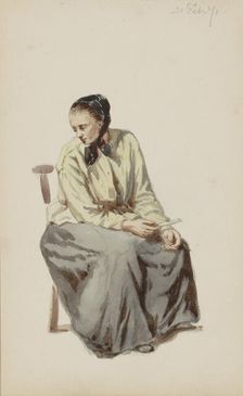 Seated woman with a knife and a potato, 1871. Creator: Cornelis Springer
