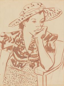 Seated woman with hat at Studio, ca.1935-1943. Creator: Blanche Grambs