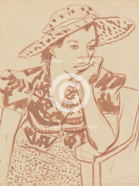 Seated woman with hat at Studio, ca.1935-1943. Creator: Blanche Grambs.