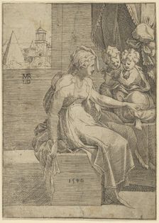 Seated woman with two children (Virgin with Christ and St John the Baptist?), 1540. Creator: Leon Davent