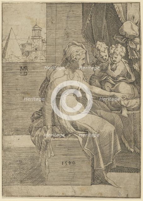 Seated woman with two children (Virgin with Christ and St John the Baptist?), 1540. Creator: Leon Davent.